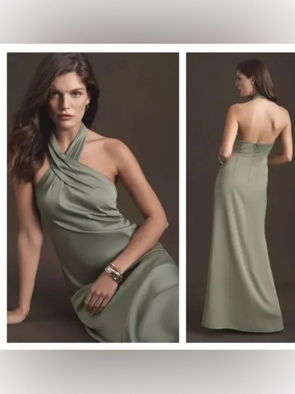 BHLDN Ruby Satin Twist Halter Maxi Dress Moss Green Size 8